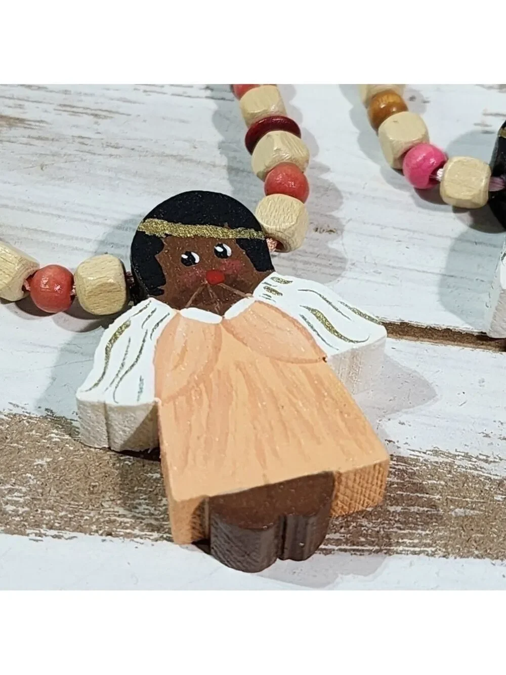 Handmade Handpainted praying Angel Holiday Christmas wood beaded necklace signed